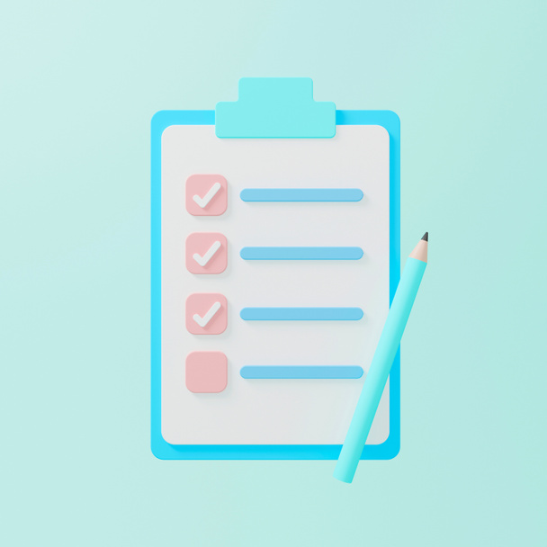Klembord met checklist en potlood op lichtblauwe ondergrond. 3d illustratie - Foto, afbeelding