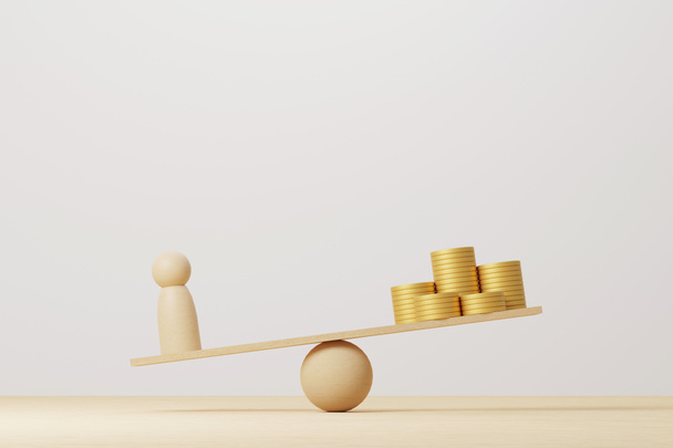 Coin stack compare wooden human on wood scale seesaw. 3d illustration - Photo, Image