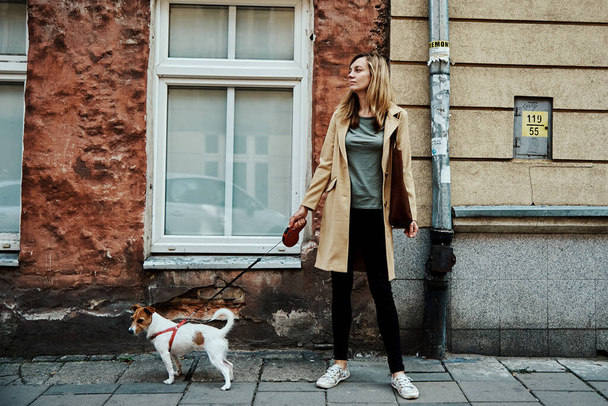 Promenades de femme avec chien
 - Photo, image