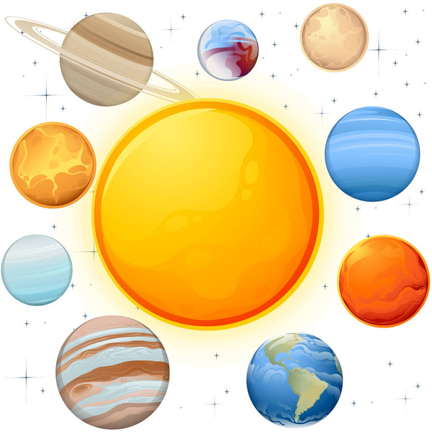 Sistema solare con sole e pianeti oggetti spaziali illustrazione vettoriale su sfondo bianco con stelle. - Vettoriali, immagini