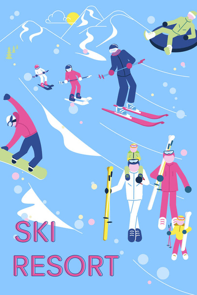 Ski Resort prapor s lidmi mají relaxaci a snowsport zábavu. - Vektor, obrázek