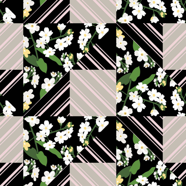 naadloos bloemenpatroon met vergeet me nietjes en geometrische achtergrond - Vector, afbeelding