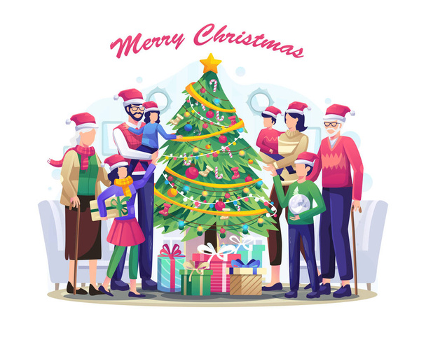 プレゼント付きのビッグファミリーとクリスマスツリーはメリークリスマスホリデーとハッピーニューイヤーを祝います。ベクターイラスト - ベクター画像