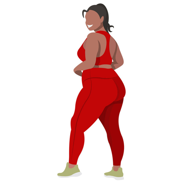 vector illustration a plus size girl in a sports uniform (leggings and a sports bra) trains, does fitness in a good mood isolated on a white background. useful for advertising sports studios, programs - Vector, Image
