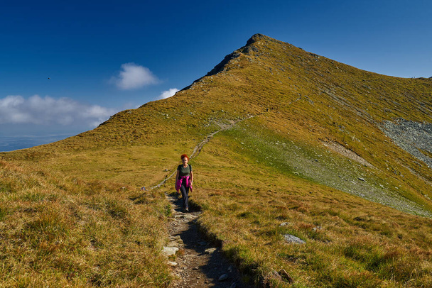 Woman tourist with backpack hiking on a trail in the rocky mountains, late summer - Fotó, kép