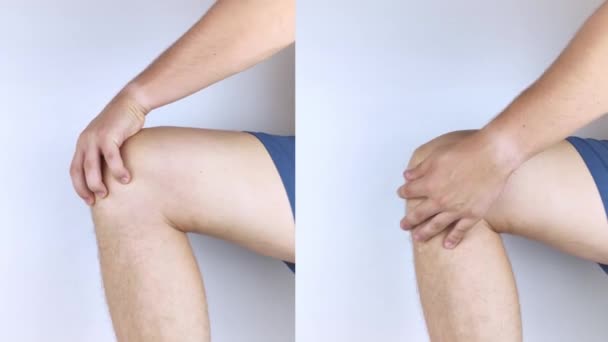 Antes y después. A la izquierda, un hombre se aferra a una rodilla lesionada, y a la derecha, los médicos ya han curado a un paciente. Rotura de tendones, músculos, lesiones meniscales, fracturas o fisuras óseas - Metraje, vídeo