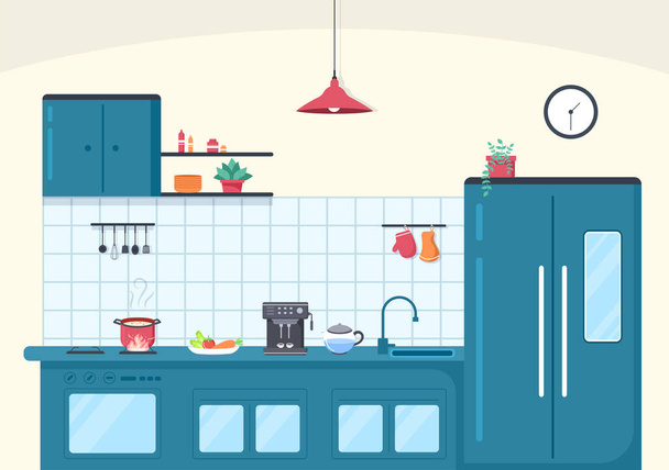 Kitchen Room Background Vector Illustration with Furniture, Equipment and Interiors Modern Style in Flat Design - Vector, Image