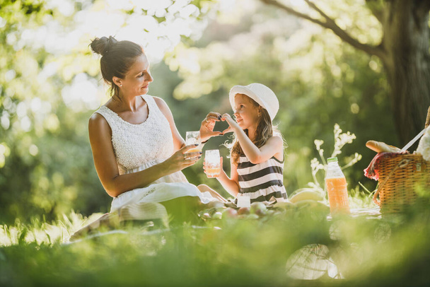 Güzel anne ve sevimli kızı parkta kalp şekli oluşturuyorlar ve piknik gününün tadını çıkarıyorlar.. - Fotoğraf, Görsel