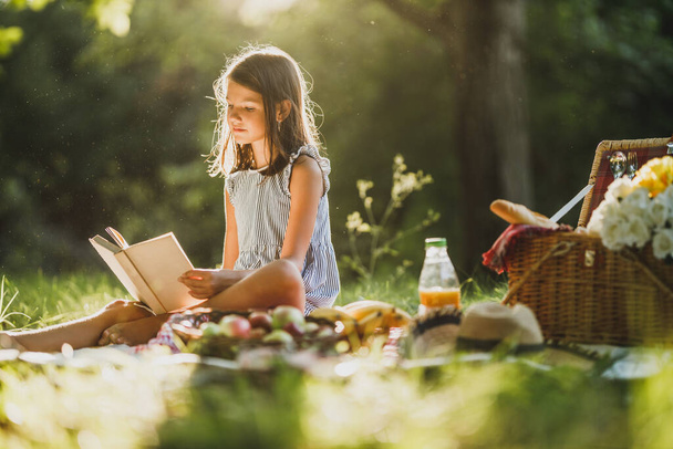 Ένα χαριτωμένο κοριτσάκι διαβάζει ένα βιβλίο ενώ απολαμβάνει την ημέρα πικνίκ στη φύση. - Φωτογραφία, εικόνα