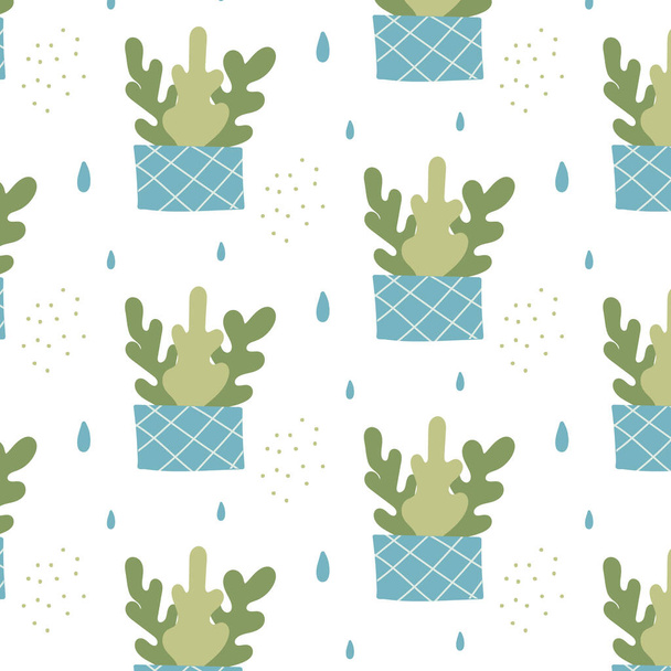 Hand-drawn seamless pattern with indoor plants in blue pots. Patten with house plants. The pattern is suitable for prints, posters, wrapping paper, fabrics. - ベクター画像