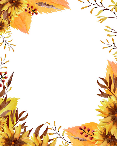 Hand-drawn colorful watercolor floral autumn frame for postcards and invitations on a white background. - Фото, изображение