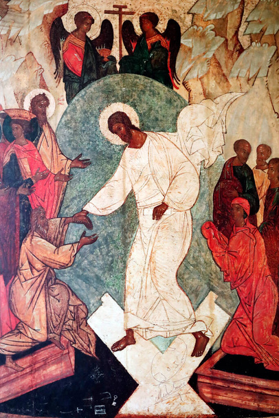 Icon. Triumph Over Death (Anastasis). When Jesus met Adam and Eve . Saint Louis de Novel church.  Annecy. France. - Photo, Image