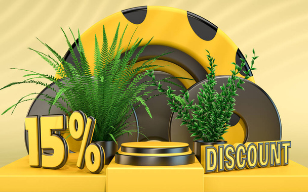 Ürün sunumu için% 15 İndirimli podyum sahne arkaplanı dekoratif nesnelerle 3d sunum satış sembolü - Fotoğraf, Görsel
