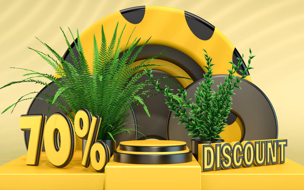 70 Prozent Rabatt Podium Hintergrund für Produktpräsentation 3D-Rendering Verkauf Symbol mit dekorativen Objekten - Foto, Bild