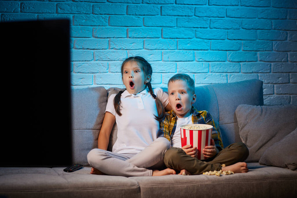 two children with remote control watching TV - Foto, Imagem