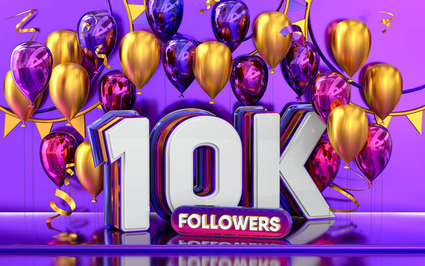 Святкування 10k послідовників, дякую вам банер соціальних мереж з фіолетовою і золотою кулею 3d рендерингу
 - Фото, зображення