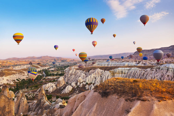 Hot air balloon flying over rock landscape at Cappadocia Turkey - Фото, зображення