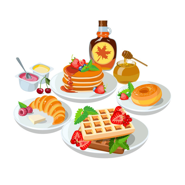 Sample breakfast desserts: pancakes, maple syrup, honey, donut. Classic hotel set with belgian waffles, yogurt, croissant for menu poster. Brunch healthy start day options food. Vector illustration. - Vettoriali, immagini