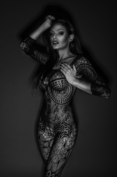 Sexy jovem mulher nua vestindo uma rede de peixes lingerie baixo retrato chave
 - Foto, Imagem