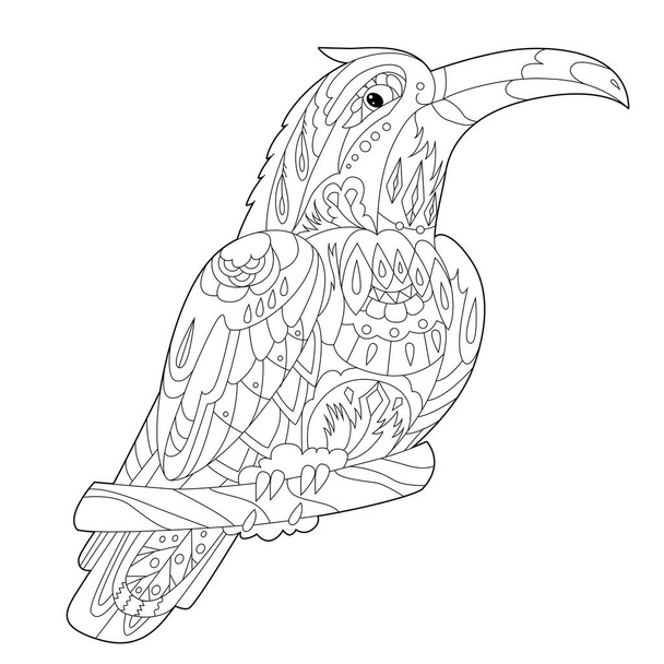 Contour linear illustration for coloring book with decorative toucan. Beautiful tropic bird,  anti stress picture. Line art design for adult or kids  in zen-tangle style, tatoo and coloring page. - Vettoriali, immagini