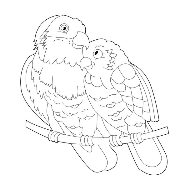 Contour linear illustration for coloring book with decorative parrots. Beautiful tropic bird,  anti stress picture. Line art design for adult or kids  in zen-tangle style, tattoo and coloring page. - Wektor, obraz