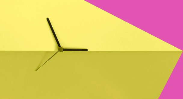 Daylight saving time concept. Clock hands on the yellow magenta color block background. Spring time change concept. Copy space.  - Photo, Image