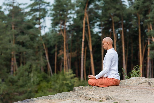 vista lateral del budista en sudadera blanca meditando en pose de loto en el bosque - Foto, imagen