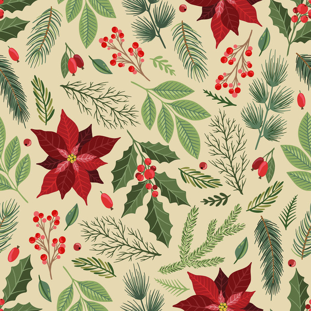 Seamless pattern with hand drawn poinsettia flowers and floral branches and berries, christmas florals. - Wektor, obraz