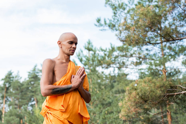 buddhist with closed eyes and praying hands meditating in forest - 写真・画像