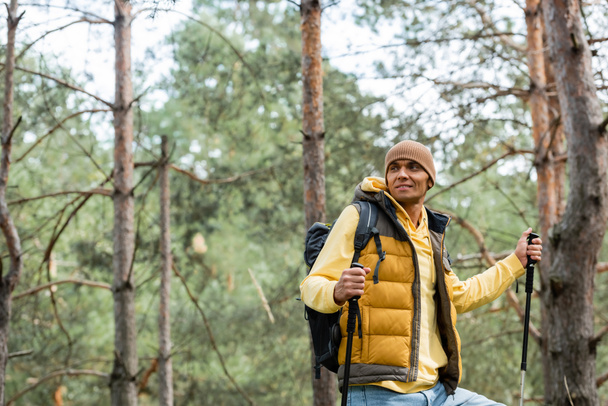 joyful traveler with hiking poles looking away in autumn forest - Foto, imagen
