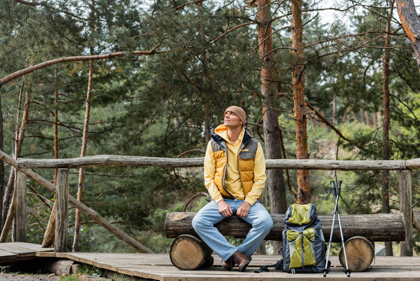 traveler looking away while resting on log bench near backpack and trekking poles  - Foto, Imagem