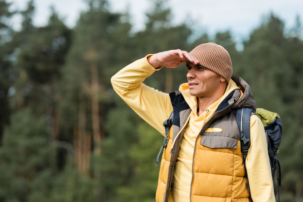 hiker in warm vest and beanie holding hand near forehead while looking away in forest - Photo, Image
