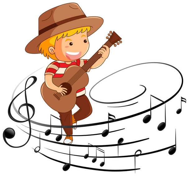 Cartoon character of a boy playing guitar with melody symbols  illustration - Vector, Image