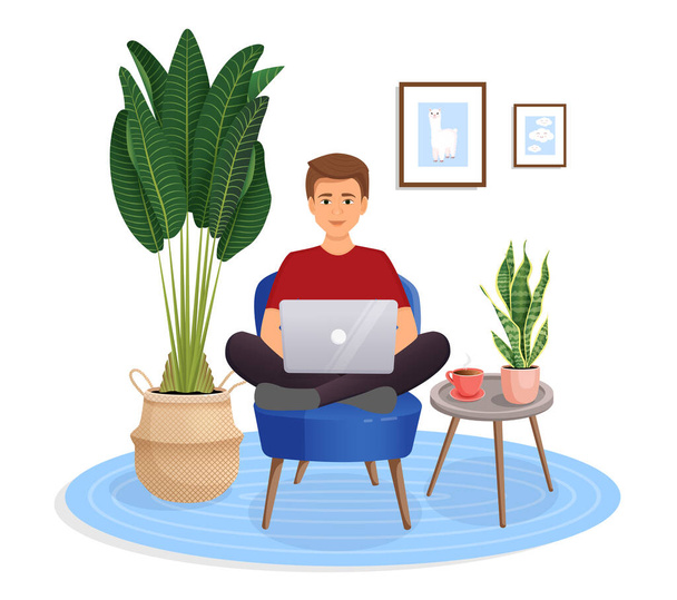 男はノートパソコンの家の椅子に座っている。リモートワーク、自宅でのオフィス、プログラミング、フリーランス。隔離室で勉強してる。ベクトルイラスト。猫と居心地の良いインテリア - ベクター画像