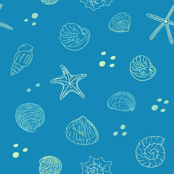 Pattern with seashells and starfish, doodle hand-drawn sea symbols.Seamless wallpaper. Окаменелости, раскрашенные чернилами, ручкой. Линия, минимализм. Иллюстрация "Вектор". - Вектор,изображение