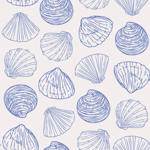 Pattern with seashells, doodle hand-drawn sea symbols.Seamless wallpaper. Fossils painted by ink, pen. Line, minimalism. Simple sketchy backdrop.Vector illustration. - Vektori, kuva