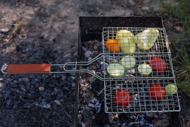 Izgara sırasında ızgara ızgara arasında kesilmiş farklı sebzelerin dilimleri açık havada mangal kömürü ızgarası. - Fotoğraf, Görsel
