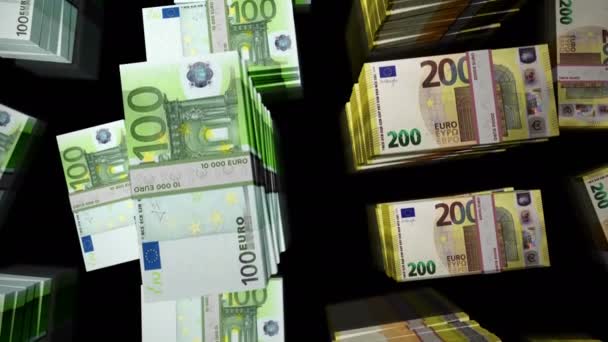 Eurobankjegycsomag hurok. A gazdaság, a recesszió, az infláció, a válság és a pénzügy elvont fogalma az Európai Unióban. 200 és 100 EUR hurkolt zökkenőmentes 3D animáció. - Felvétel, videó