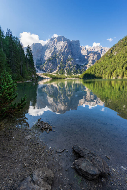 Lake Braies (Lago di Braies or Pragser Wildsee) and the Mountain peak of Croda del Becco or Seekofel, Dolomites, South Tyrol, Trentino-Alto Adige, Bolzano province, Italy, Europe. - Photo, Image