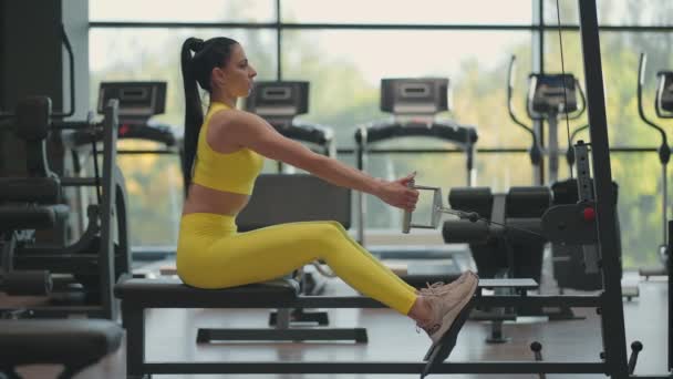 Mujer hispana hace ejercicios en la máquina de remo. Una chica se sienta detrás de un simulador se llama una máquina de remo. sentarse tira del peso de grandes ventanas y cintas de correr del gimnasio - Imágenes, Vídeo