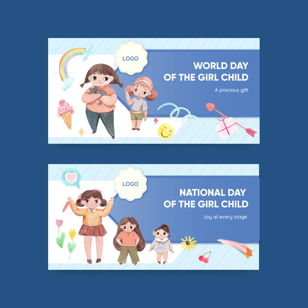 Twitter šablona s koncepcí International Day of the Girl Child, akvarel styl - Vektor, obrázek