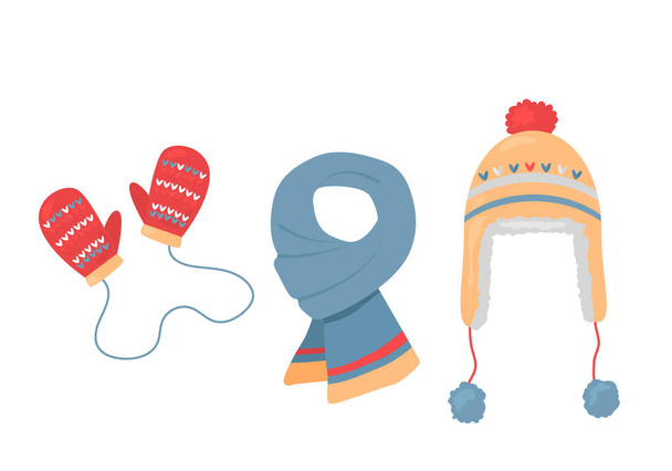 冬のニット帽にひもと毛糸ミトンと暖かいスカーフ。冬服のセット。白い背景に独立したベクトル図 - ベクター画像