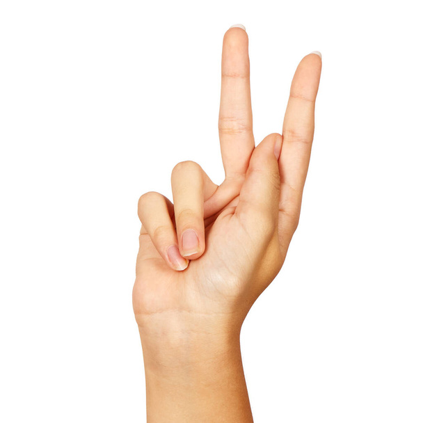 american sign language. female hand showing letter k. isolated on white background - Photo, Image