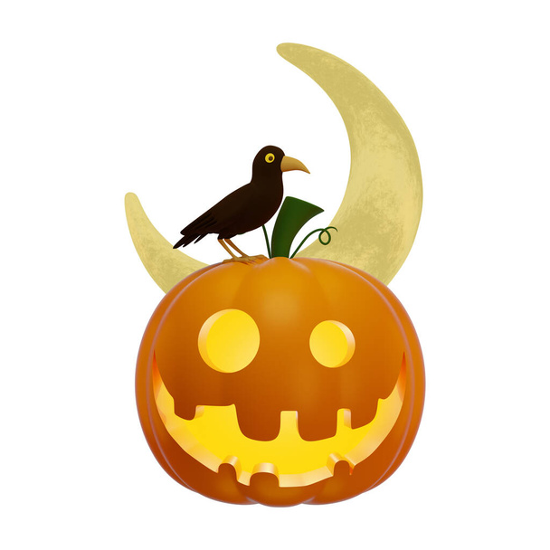 3d linterna de calabaza de Jack con un cuervo negro sentado y la luna, concepto de Halloween, ilustración aislada sobre un fondo blanco, representación 3d - Foto, imagen