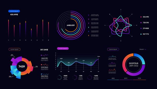 Dashboard infographic interface. Data visualization pie charts, workflow, finance diagrams, UI UX elements. Vector graphic - Vector, Image