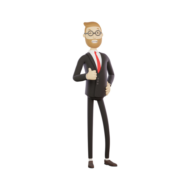 3D-hahmo liikemies lasit näyttää peukalot ylös ele, hyvää työtä, hyvin tehty, yksittäinen kuva valkoisella taustalla, 3d renderöinti - Valokuva, kuva