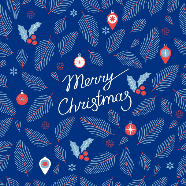 Bezproblemowy wzór świąteczny z gałęziami choinki, kulkami świątecznymi i ostrokrzewem. szablon papieru do pakowania. ilustracja wektor izolowane na niebieskim tle - Wektor, obraz