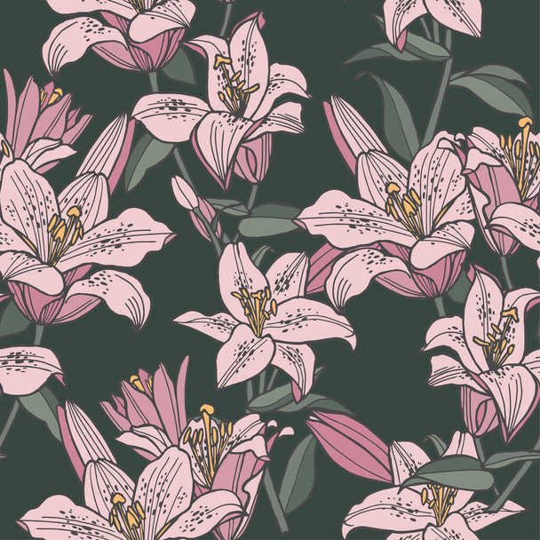 Vector illustration seamless floral pattern. Lily flowers background for cosmetics packaging - Vektör, Görsel