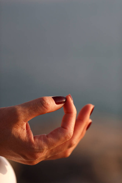 Hand in Hand praktizieren junge Frauen Meditation in Lotusposition. Yoga.   - Foto, Bild