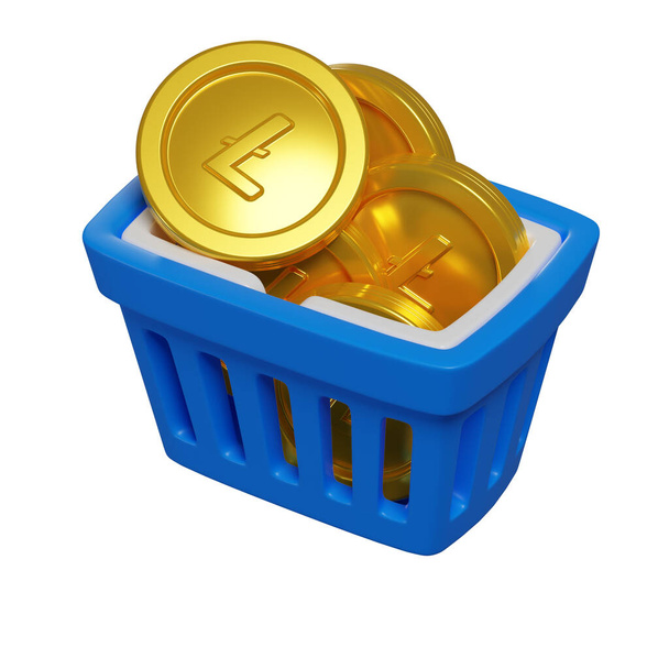 3d kék kosár bitcoin érmékkel, token vásárlási koncepció, cryptocurrency, elszigetelt illusztráció fehér alapon, 3d renderelés - Fotó, kép
